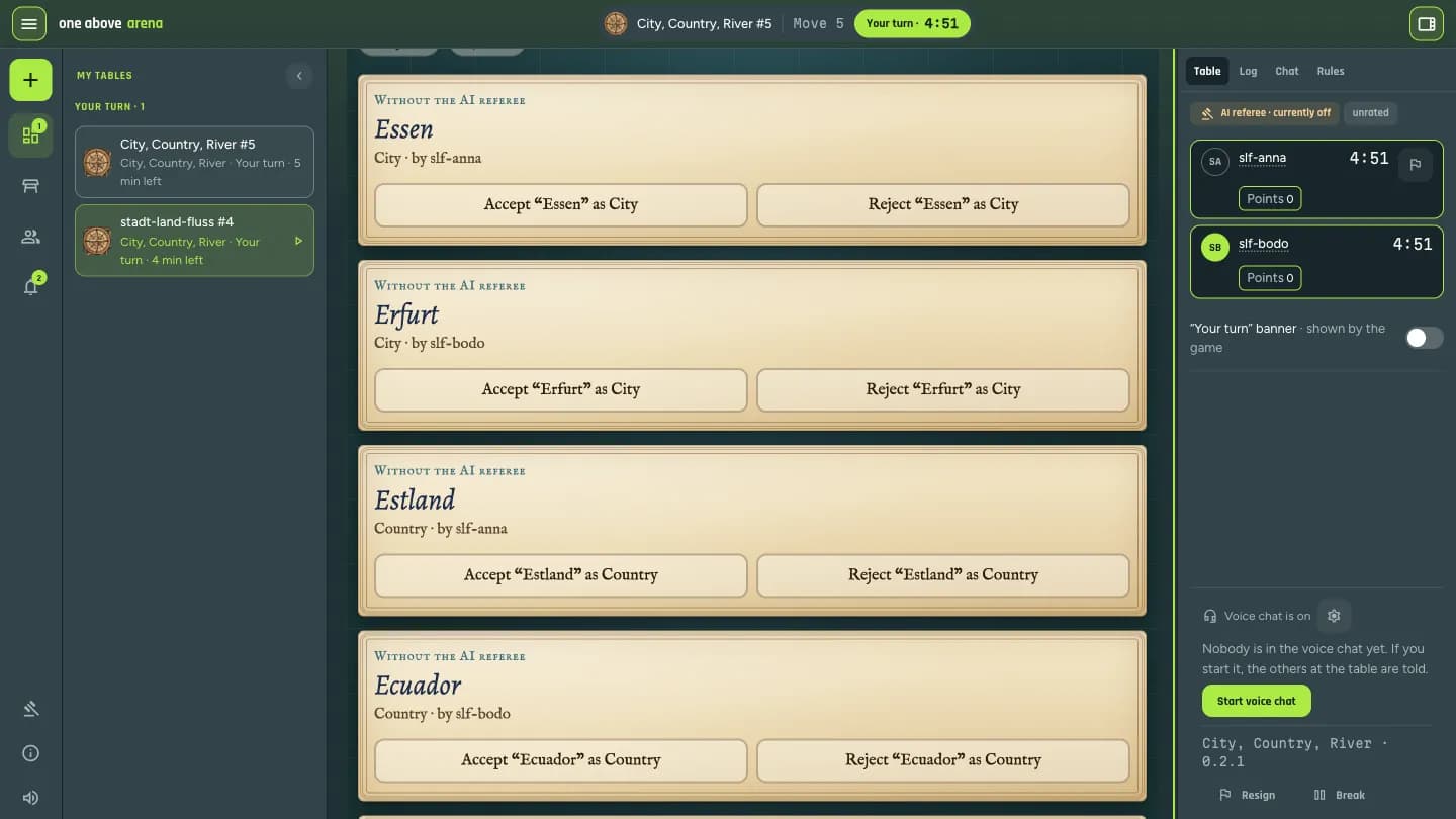 Die one above arena im Browser: ein Tisch „Stadt, Land, Fluss“, links die eigenen Tische, rechts Spieler und Uhr.