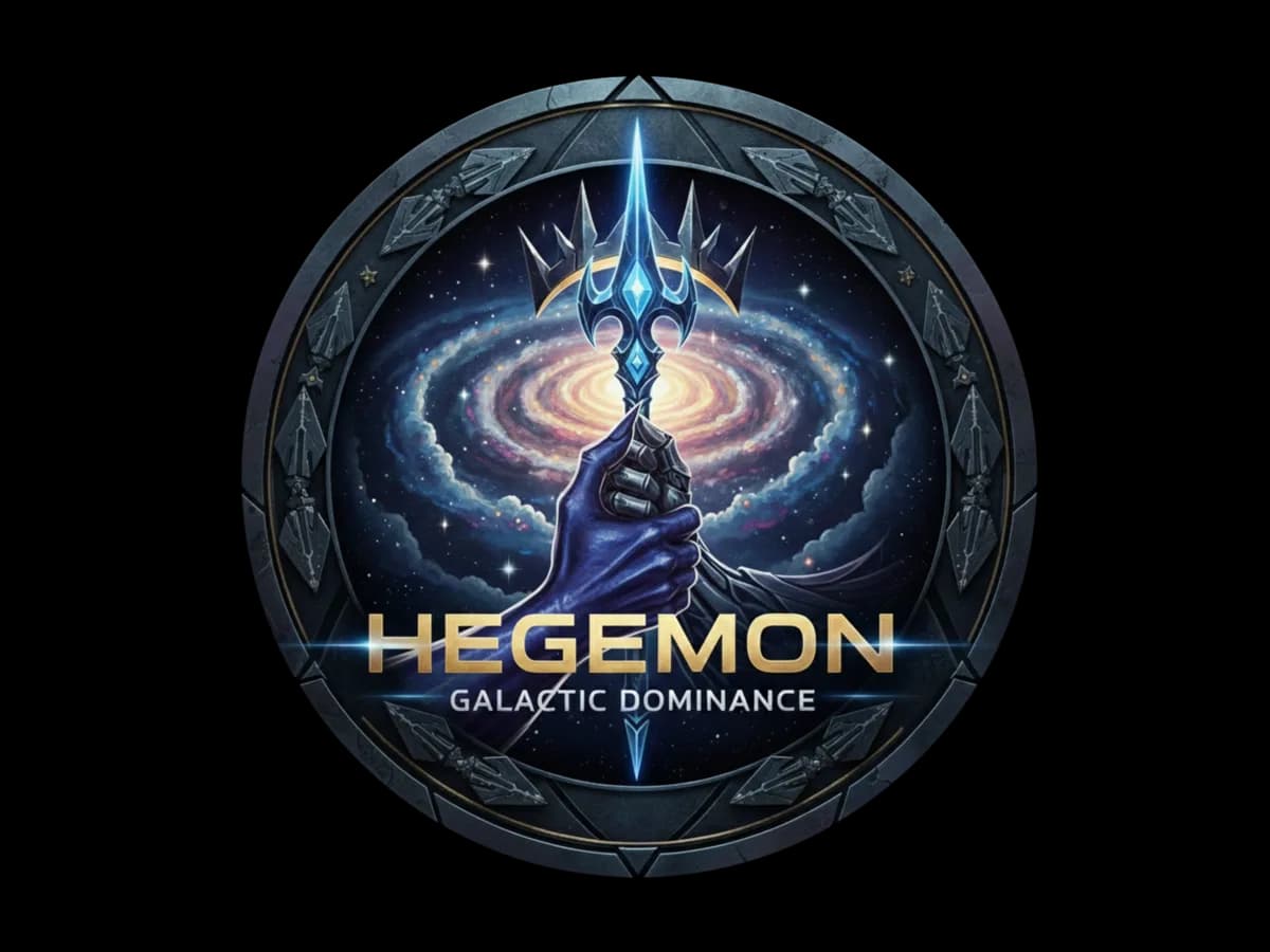 Das Logo von Hegemon: eine Faust hält ein leuchtendes Zepter vor einer Spiralgalaxie, darunter der Schriftzug „Hegemon – Galactic Dominance“ in Gold, gefasst in einen runden Rahmen.