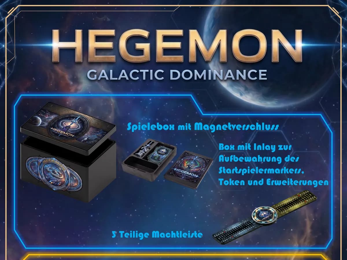Eine Übersicht des Hegemon-Materials, wie sie ein Verlag zu sehen bekommt: Spielebox, Inlay und Machtleiste.